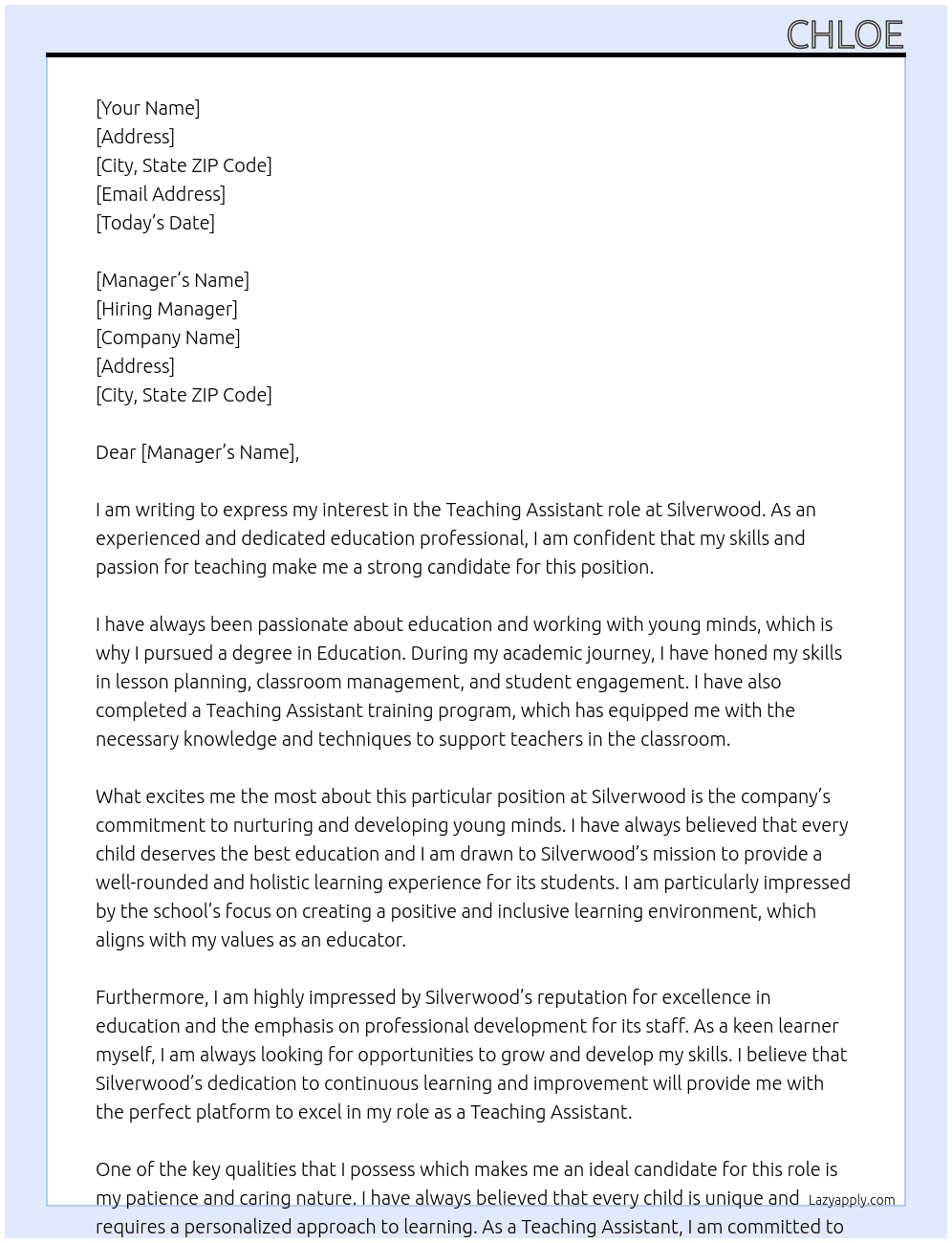 Teaching Assistant  At Silverwood Cover Letter