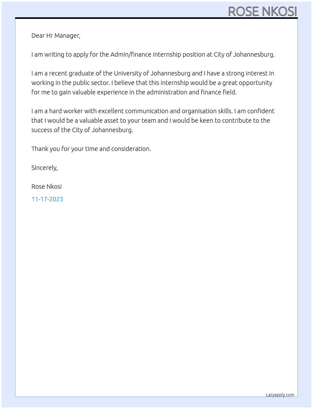 Admin /finance internship At City of Johanneburg Cover Letter