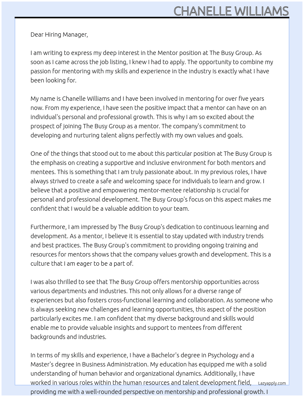 Mentor At The Busy Group Cover Letter