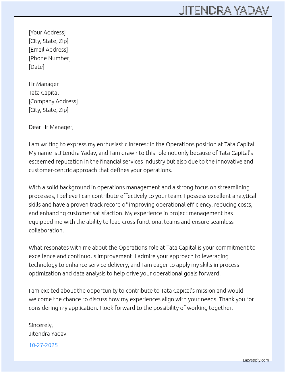 Tata capital Opretions At Tata capital  Cover Letter