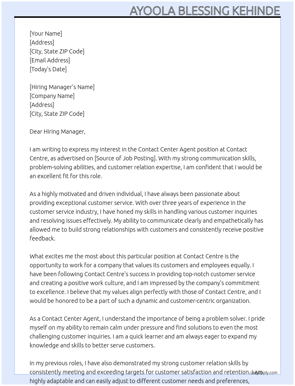 Contact Center agent At Contact centre Cover Letter
