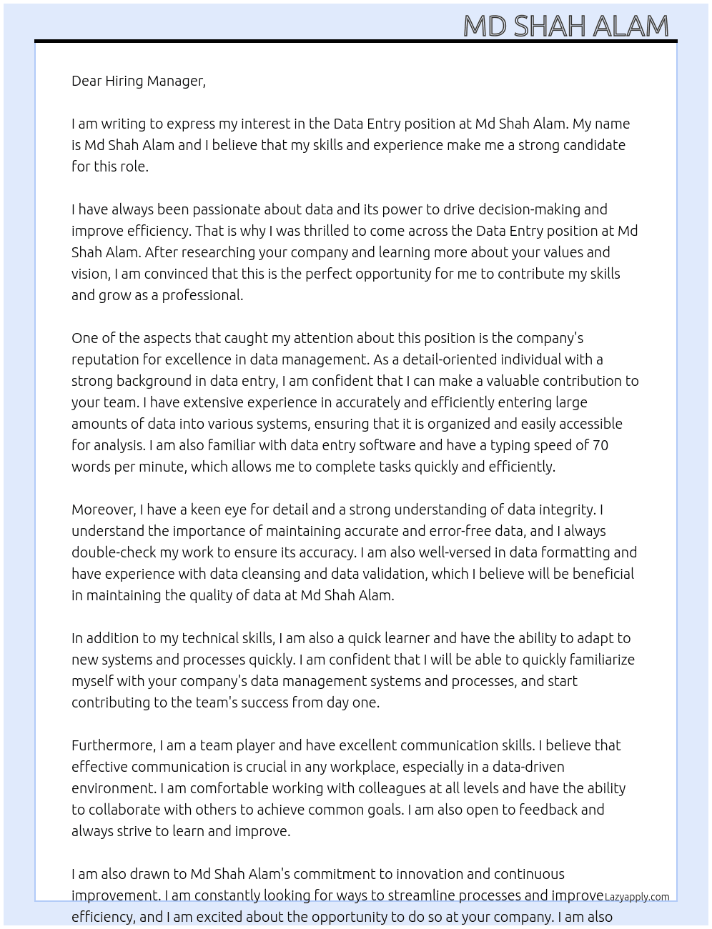 Data Entry  At Md Shah Alam  Cover Letter