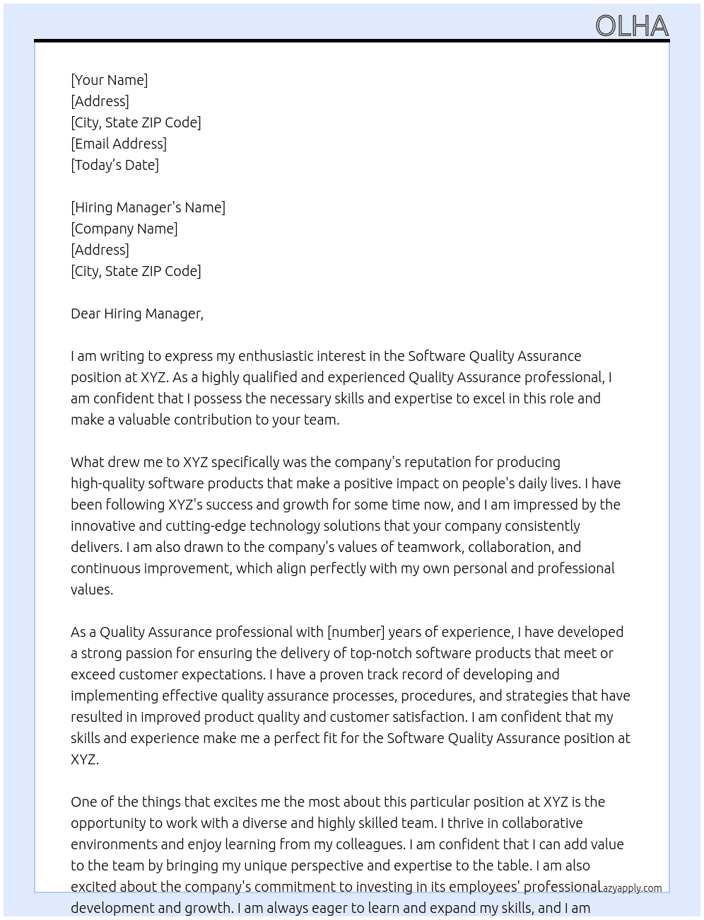 Software Quality Assurance  At XYZ Cover Letter