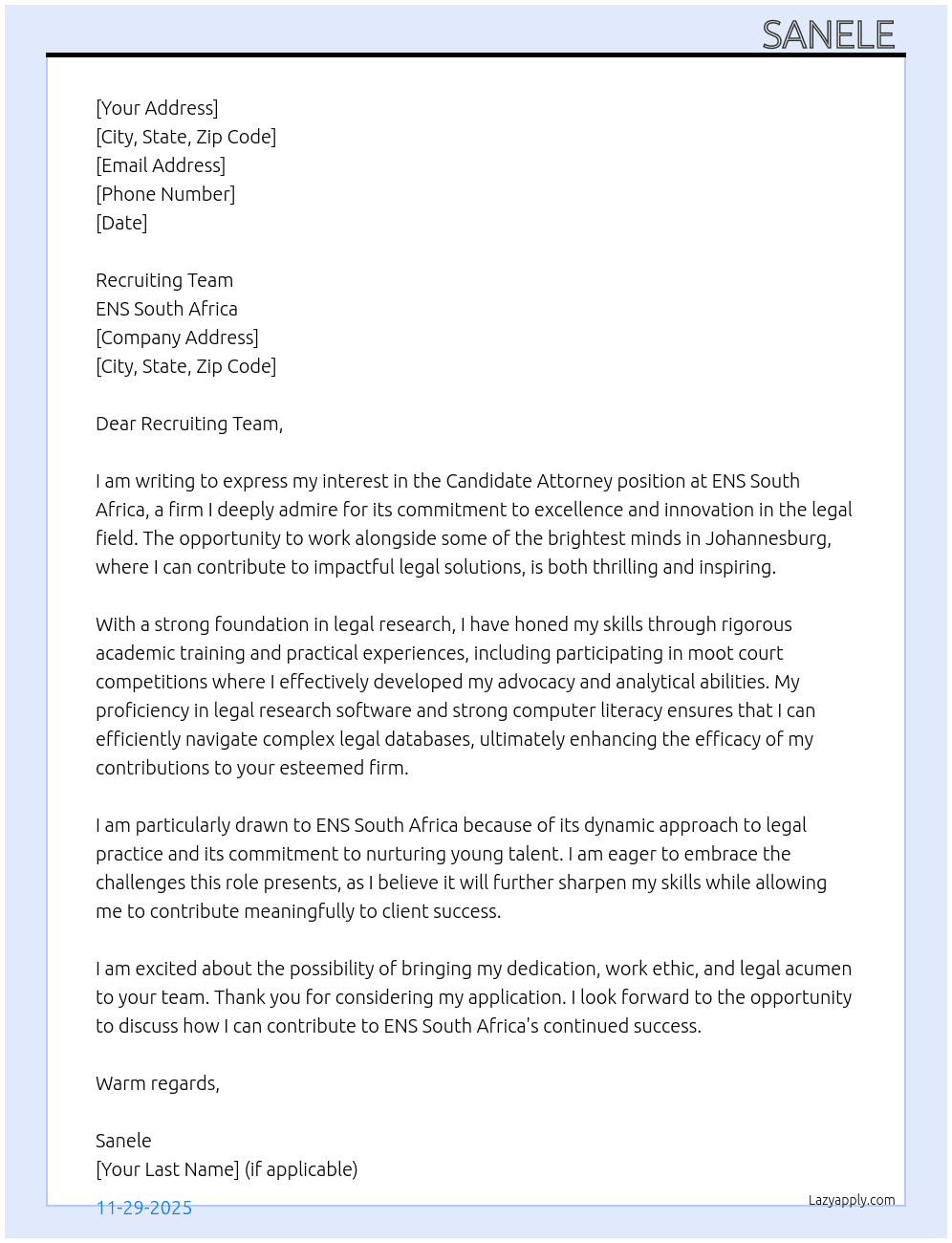 Candidate attorney  At ENS South African  Cover Letter