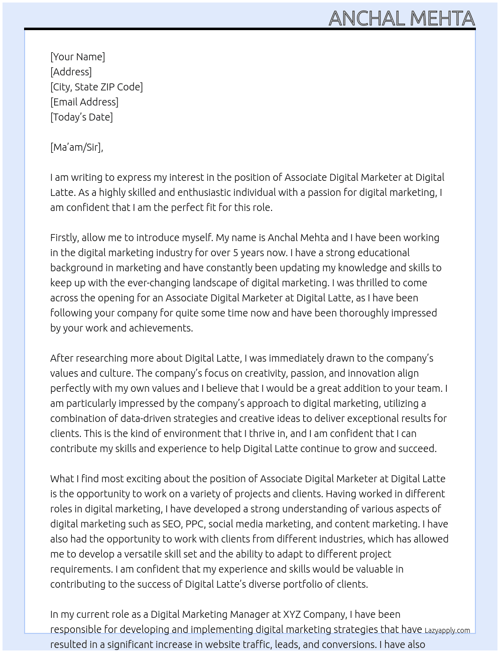 associate digital marketer At digital latte Cover Letter