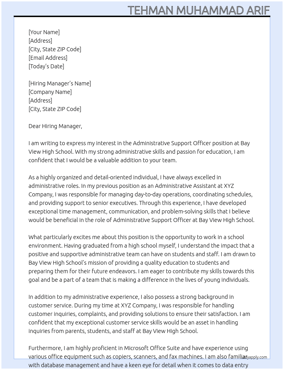 Adminitrative Support Officer At Bay View High School Cover Letter