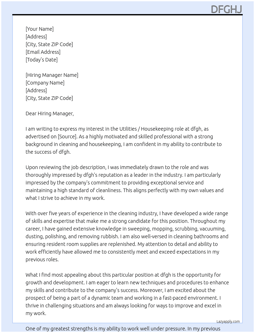 Utilities  At dfgh Cover Letter