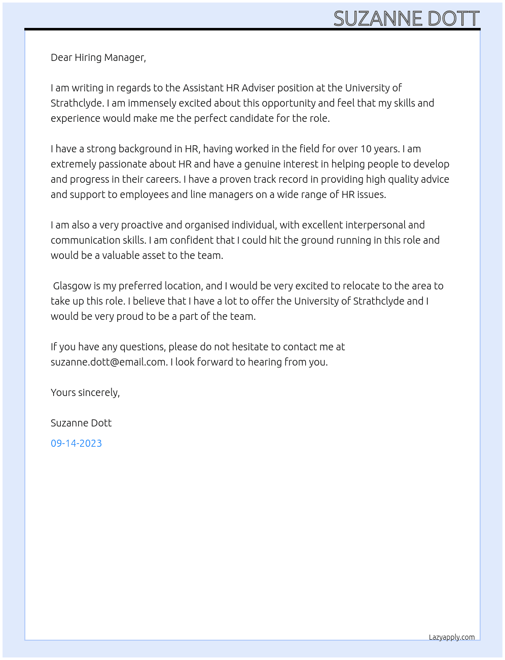 Assistant HR Adviser At University of Strathclyde Cover Letter