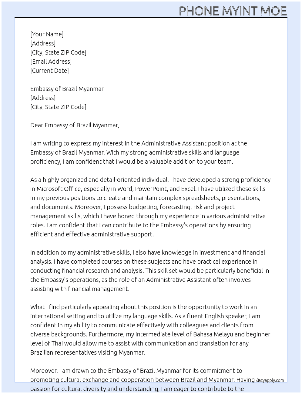 Administrative Assistant At Embassy of Brazil Myanmar Cover Letter