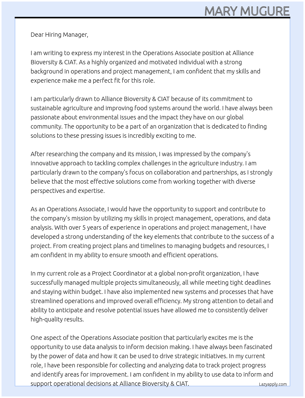 operations associate At Alliance Bioversity & CIAT Cover Letter