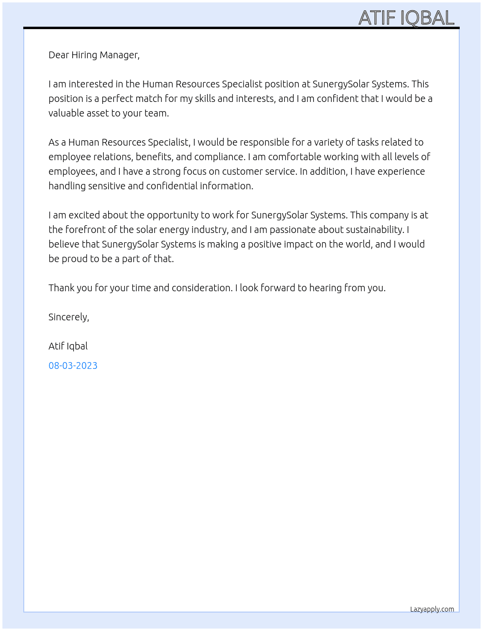 Human Resources Specialist  At SunergySolar Systems  Cover Letter