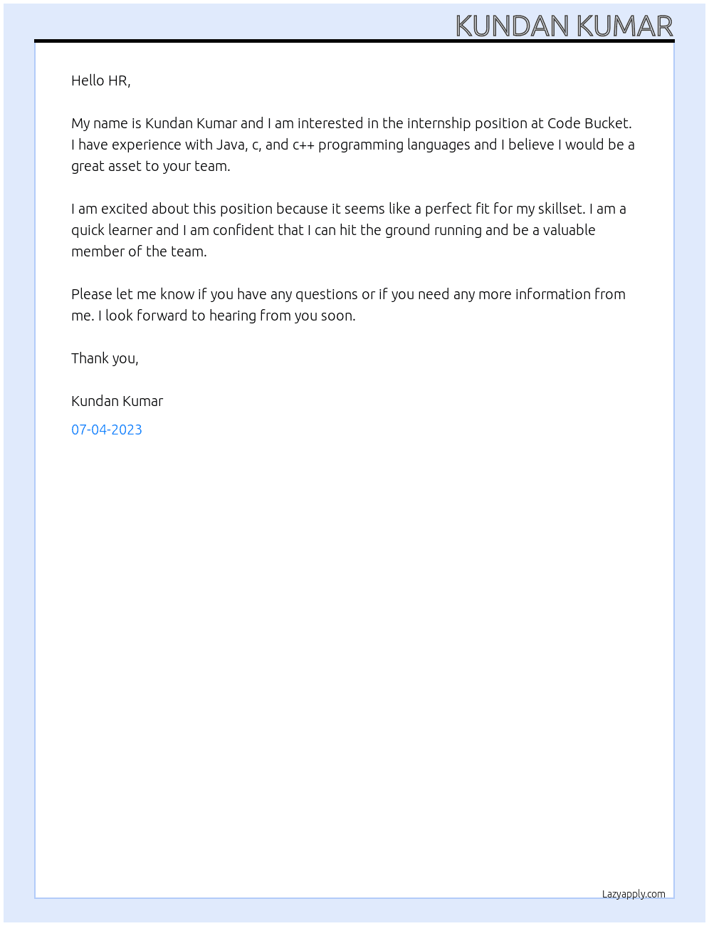 intership At code bucket Cover Letter