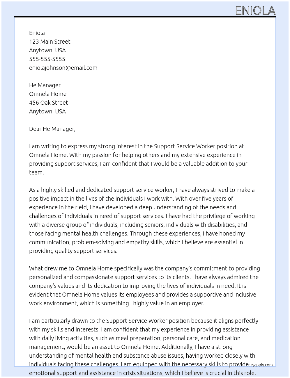 Support service worker At Omnela home Cover Letter