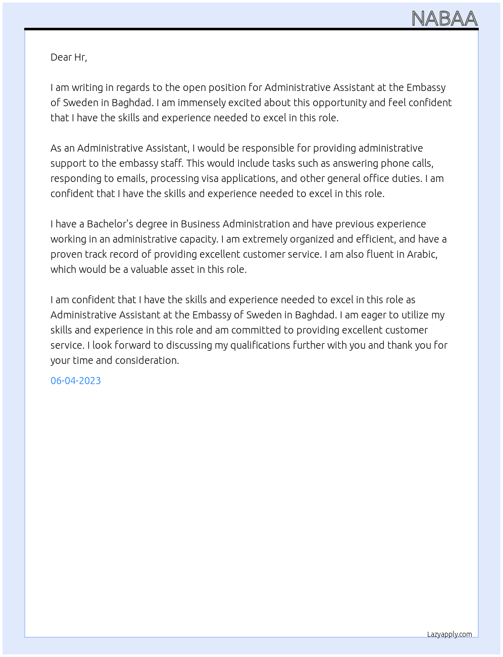 Administrative Assistant At Embassy of Sweden in Baghdad Cover Letter