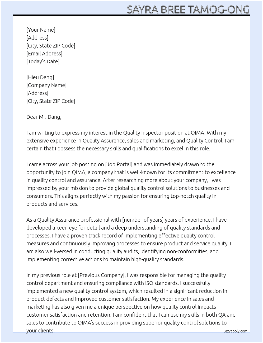 Quality Inspector At QIMA Cover Letter