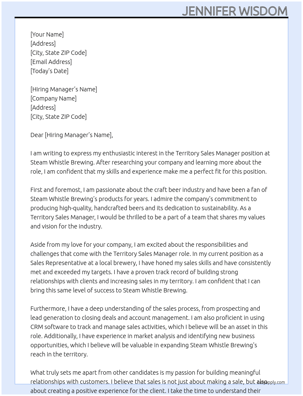 Territory Sales Manager At Steam Whistle Brewing  Cover Letter