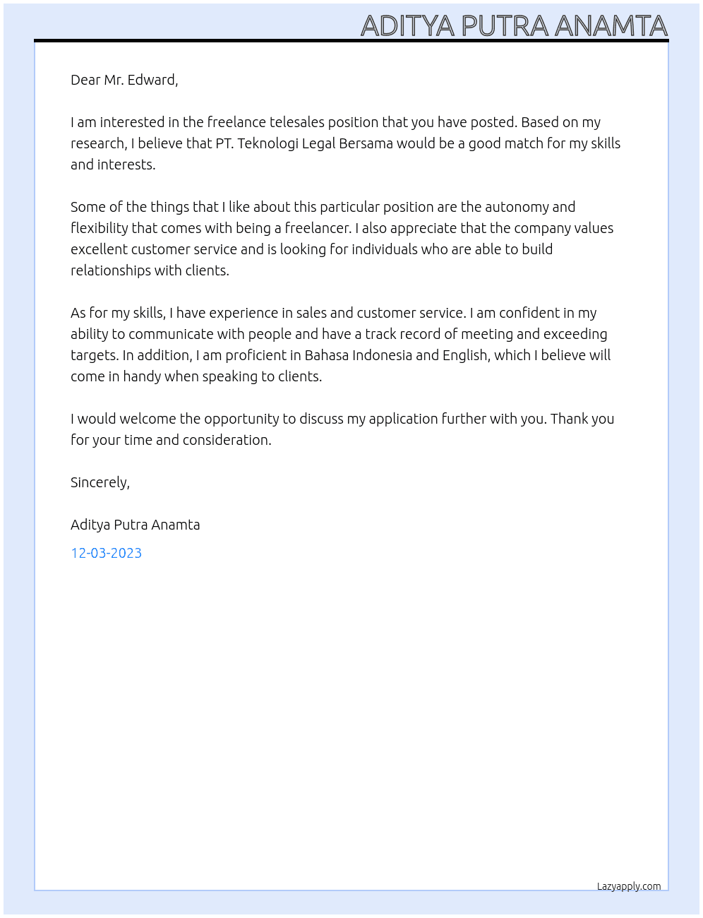 Freelance Telesales At PT. Teknologi Legal Bersama Cover Letter