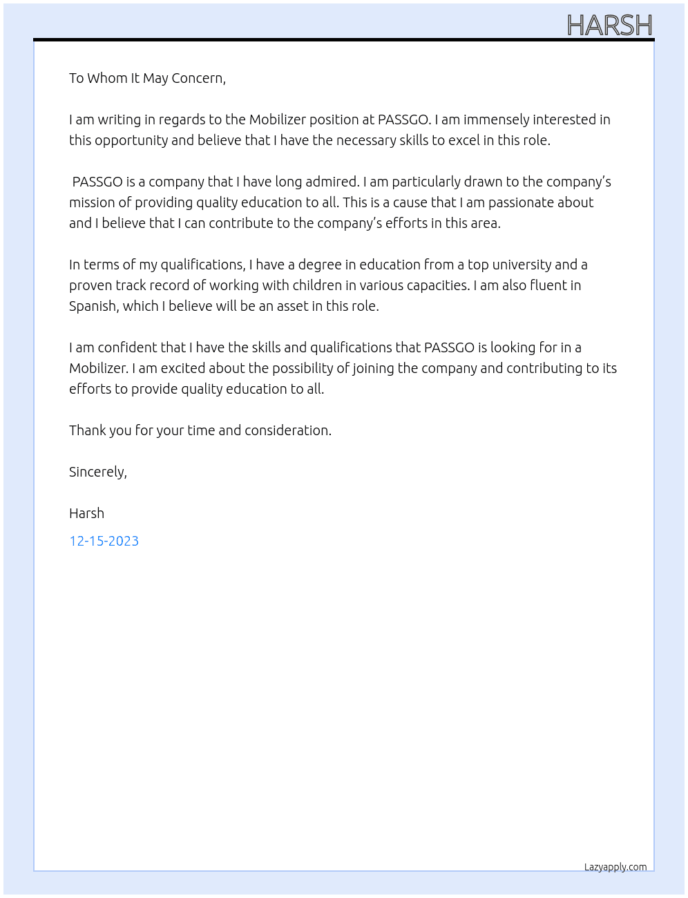 Mobilizer  At PASSGO Cover Letter
