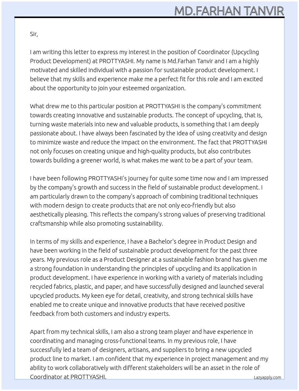 Coordinator (Upcycling Product Development) At PROTTYASHI Cover Letter