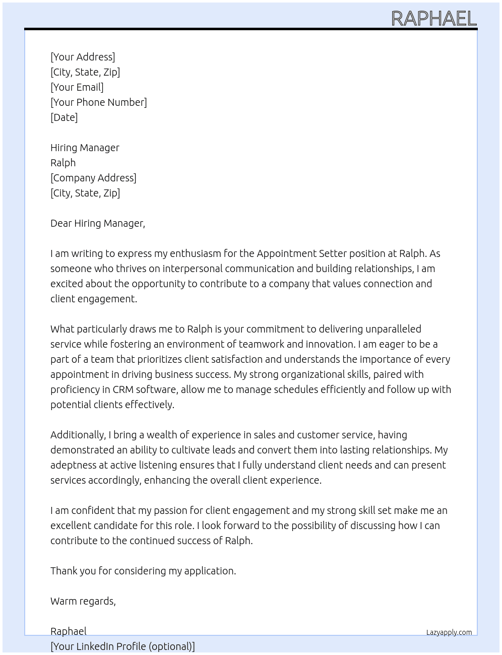 appointment setter  At Ralph Cover Letter