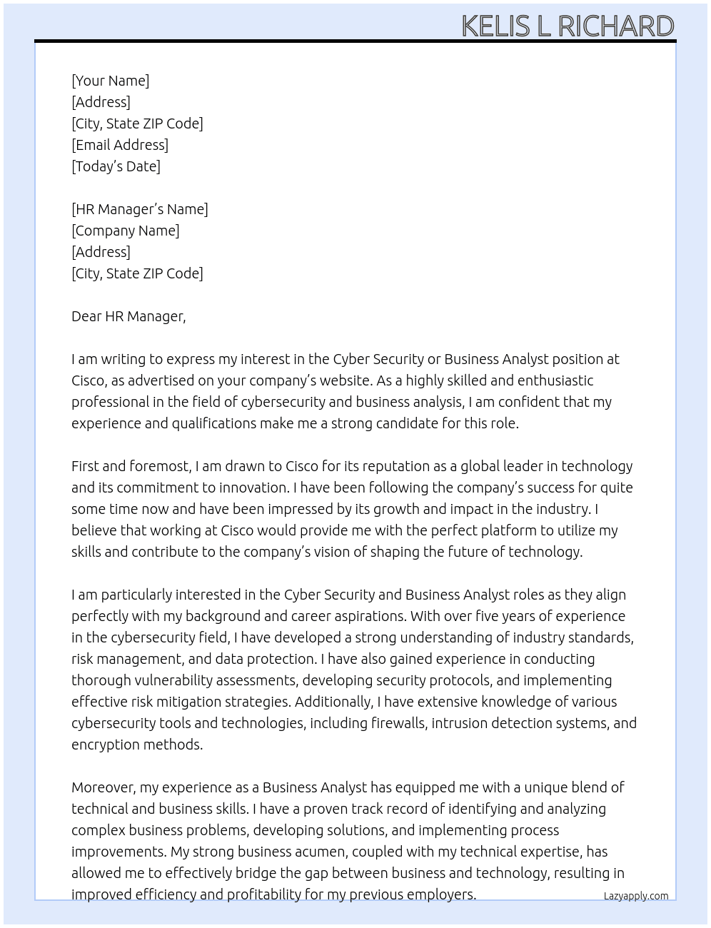 Cyber Security or Business Analyst At Cisco Cover Letter