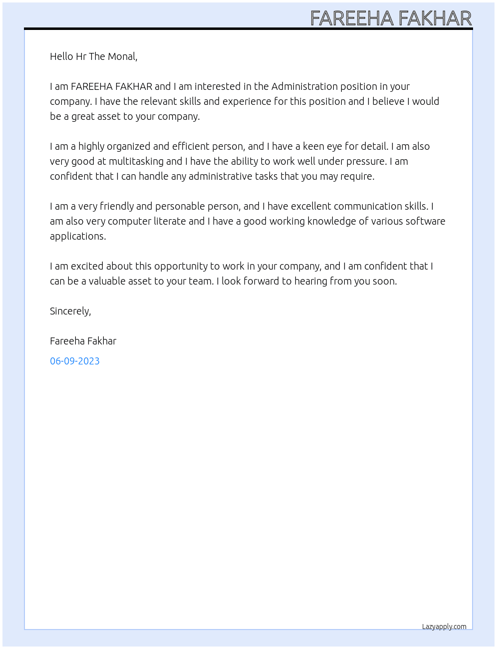 Administration  At The Monal Cover Letter