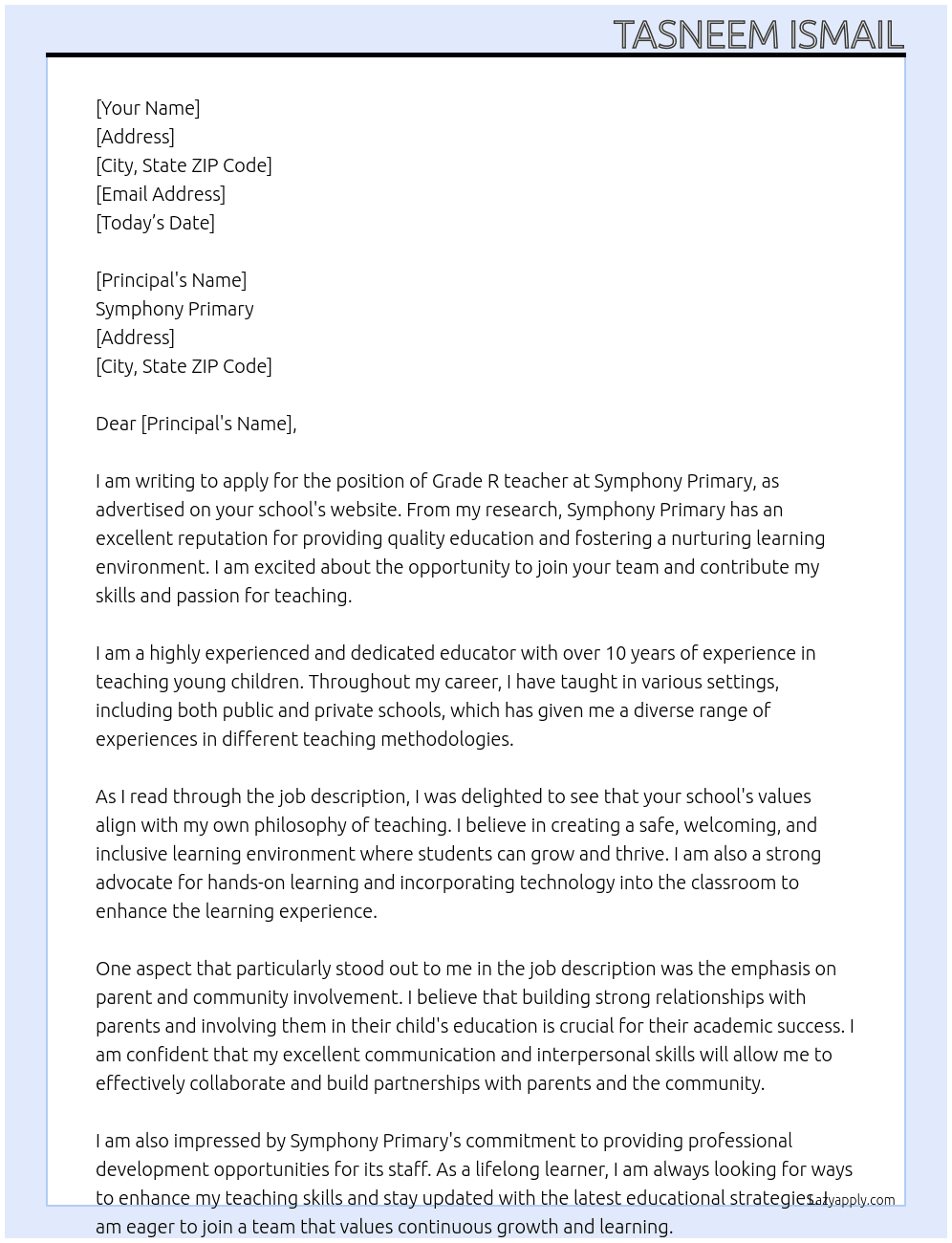 Grade R teacher At Symphony Primary Cover Letter