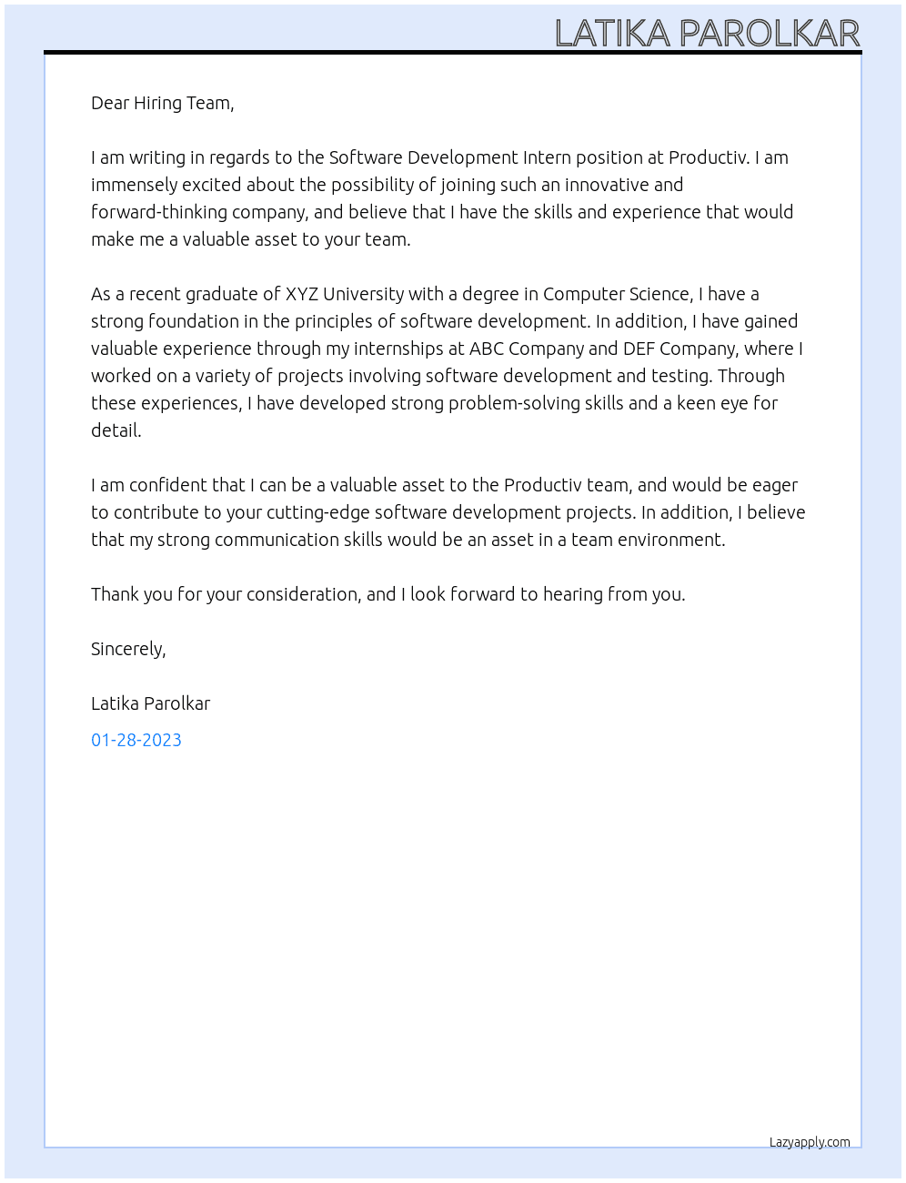 Software Development Intern At Productiv Cover Letter