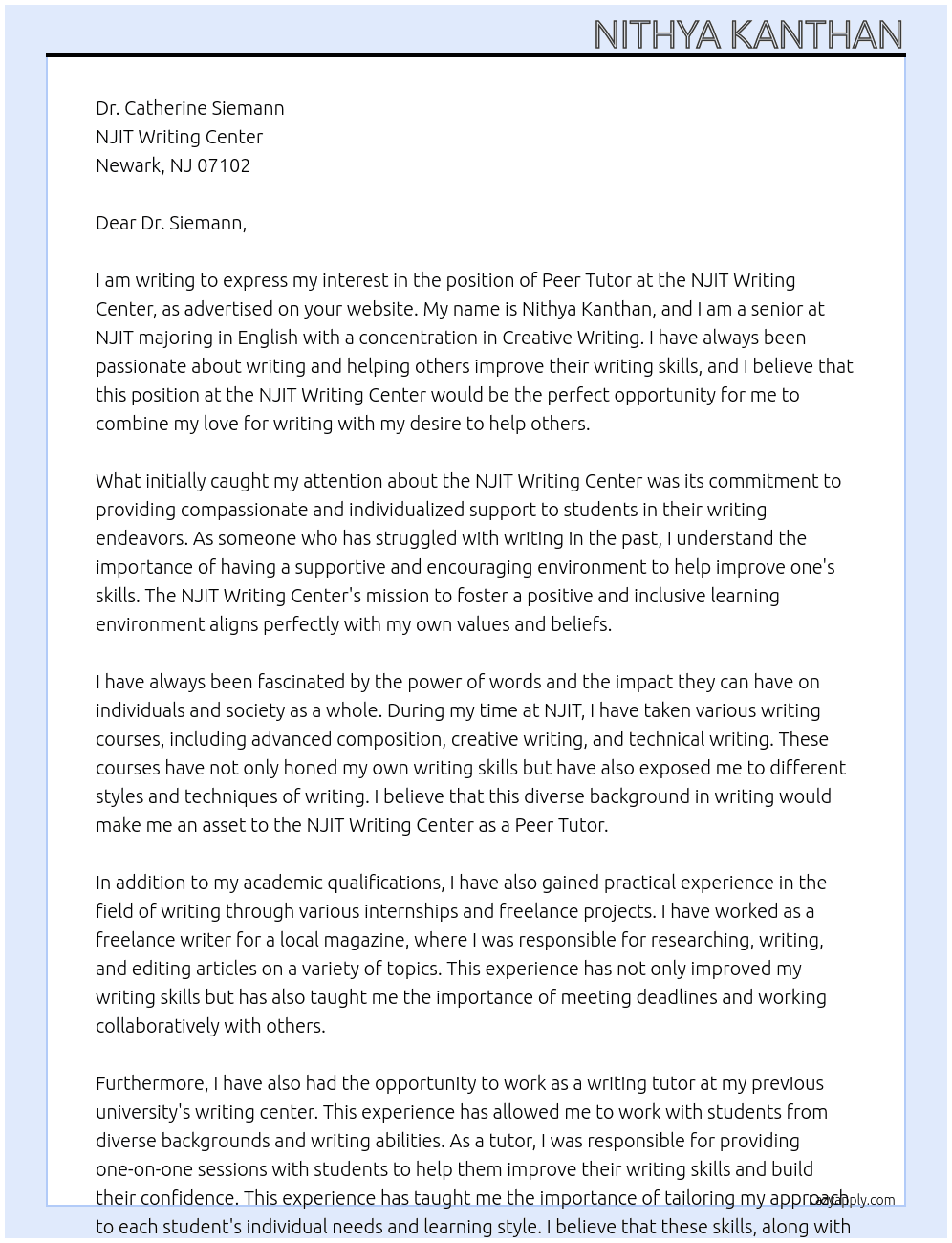 Peer Tutor at Writing Center At NJIT Writing Center Cover Letter