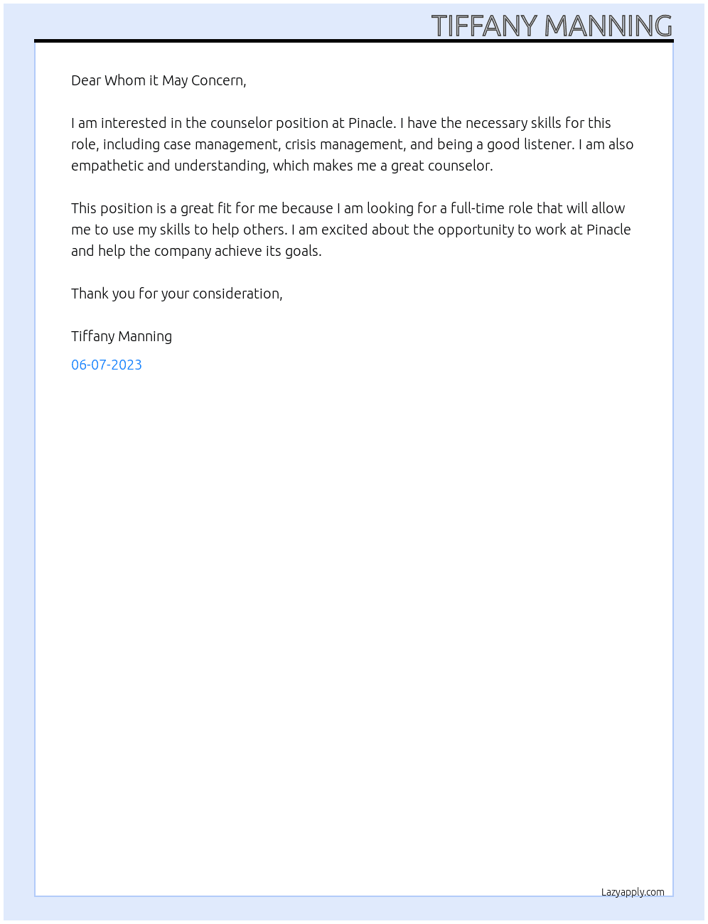 Counselor At Pinacle Cover Letter