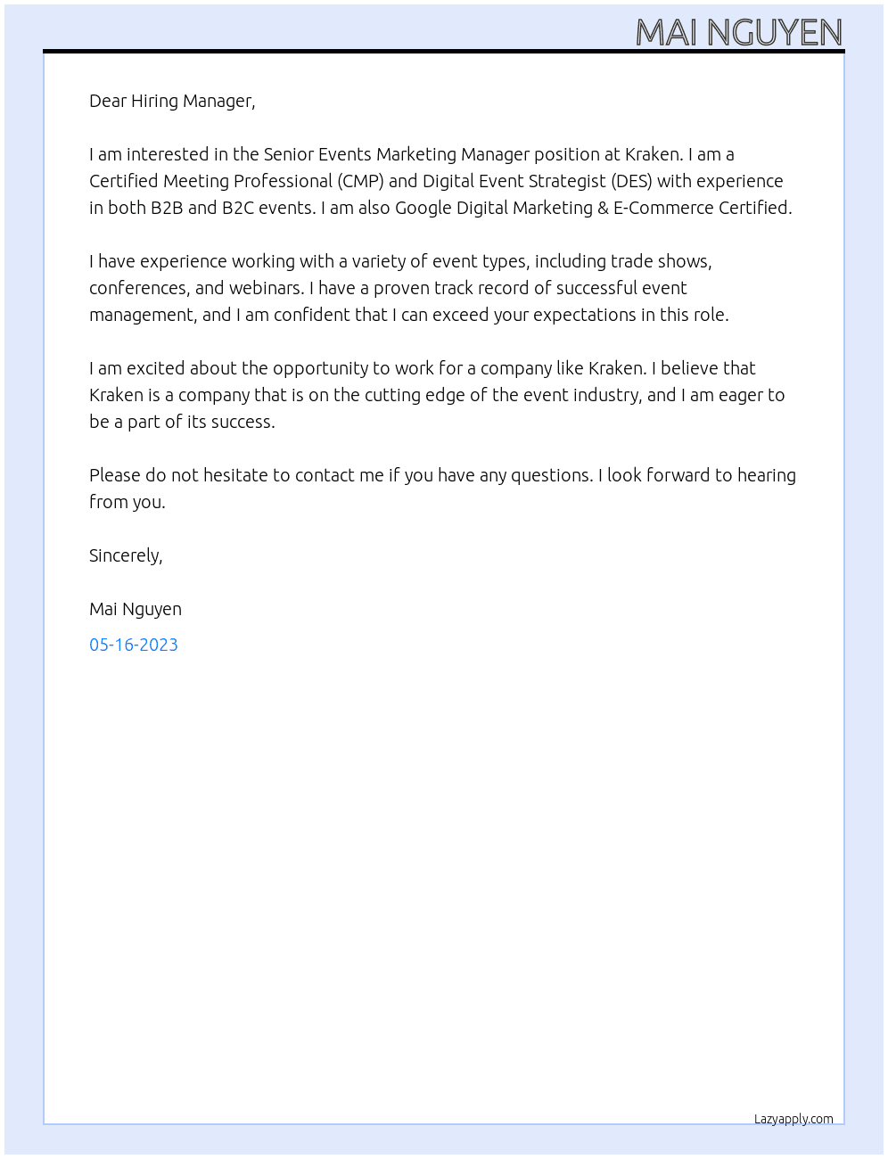 Senior Events Marketing Manager At Kraken Cover Letter