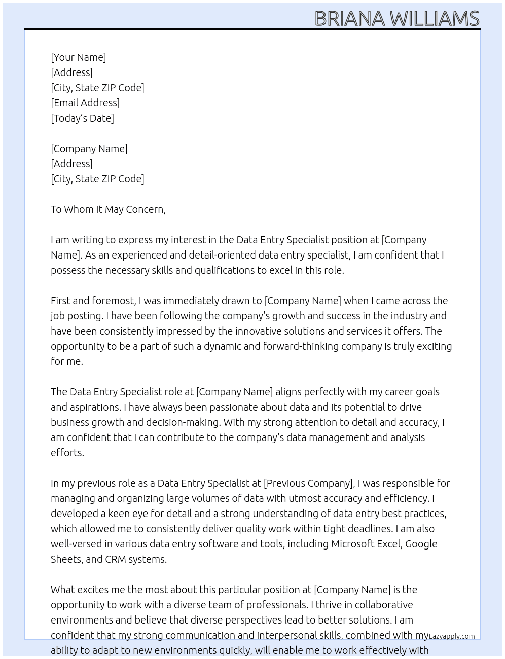 Data Entry Specialist At opportunity Cover Letter