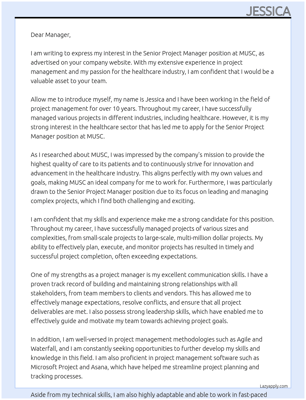 Senior Project Manager At MUSC Cover Letter