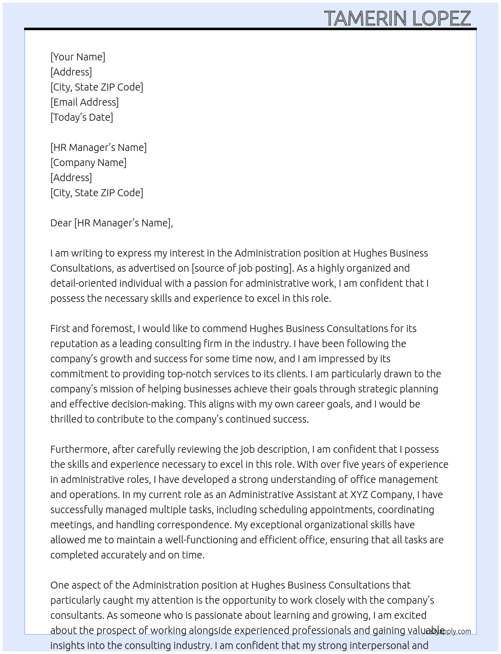 Administration  At Hughes Business Consultations Cover Letter