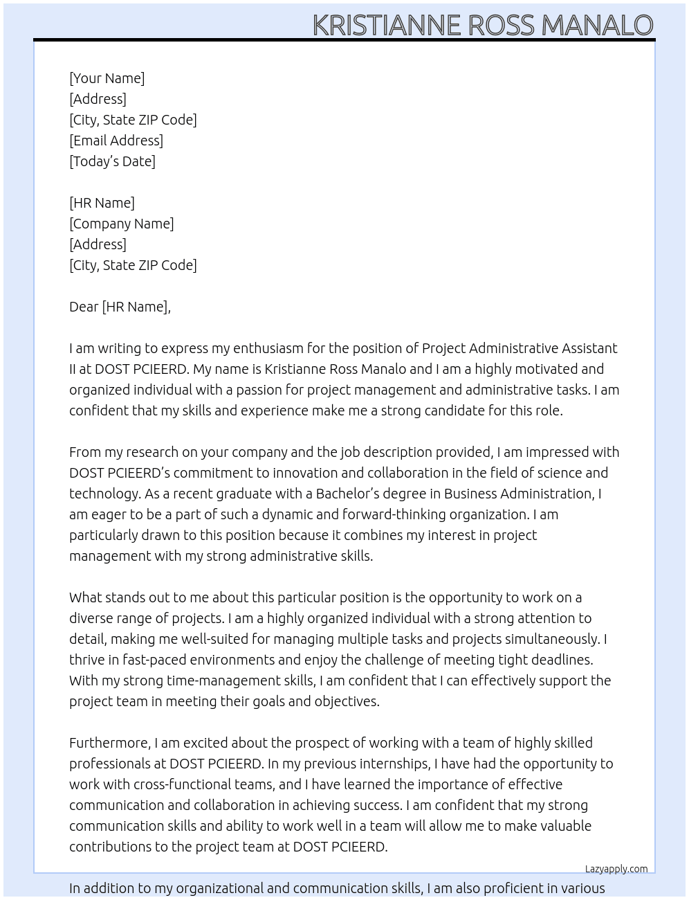 Project Administrative Assistant II At DOST PCIEERD Cover Letter
