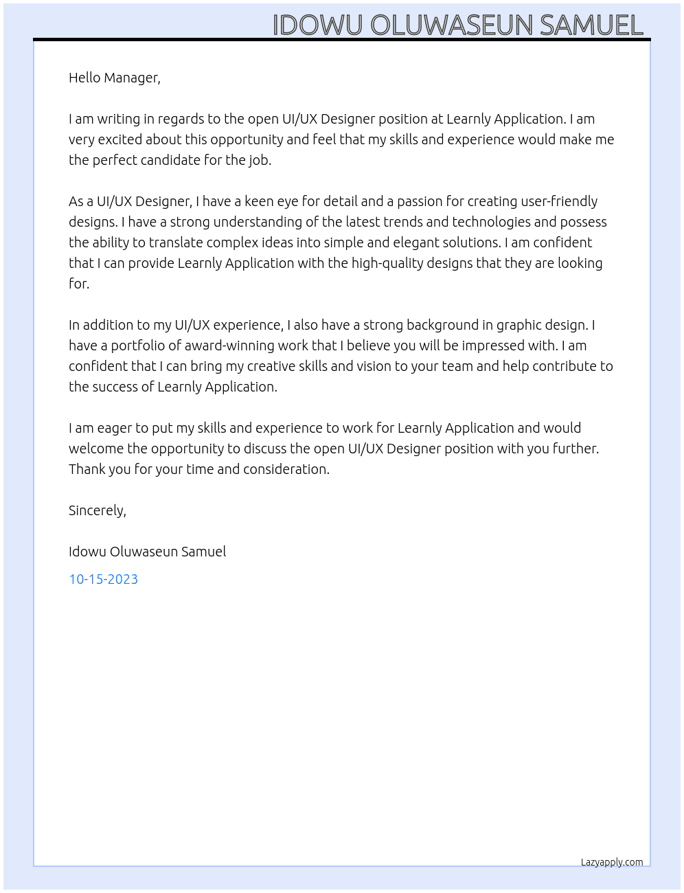 UI/UX DESIGNER  At Learnly Application  Cover Letter
