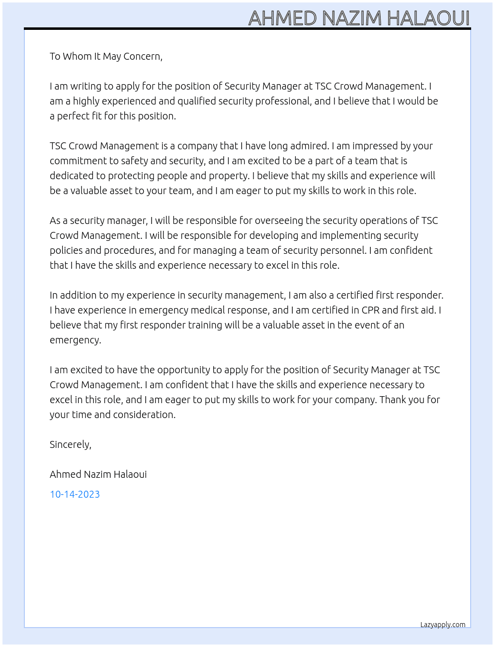 security manager At TSC Crowd management Cover Letter