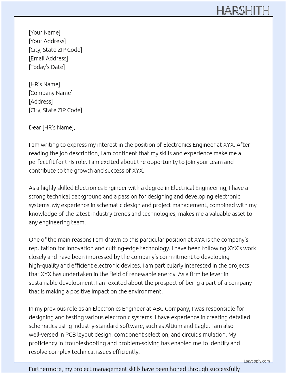 Electronics Engineer At XYX Cover Letter