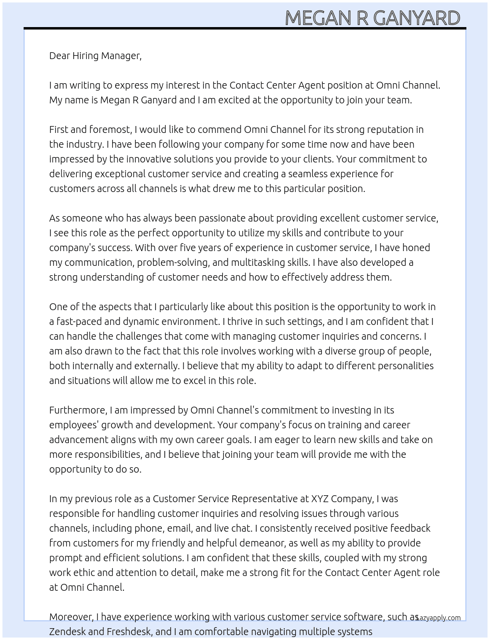 Contact Center Agent At Omni Channel  Cover Letter