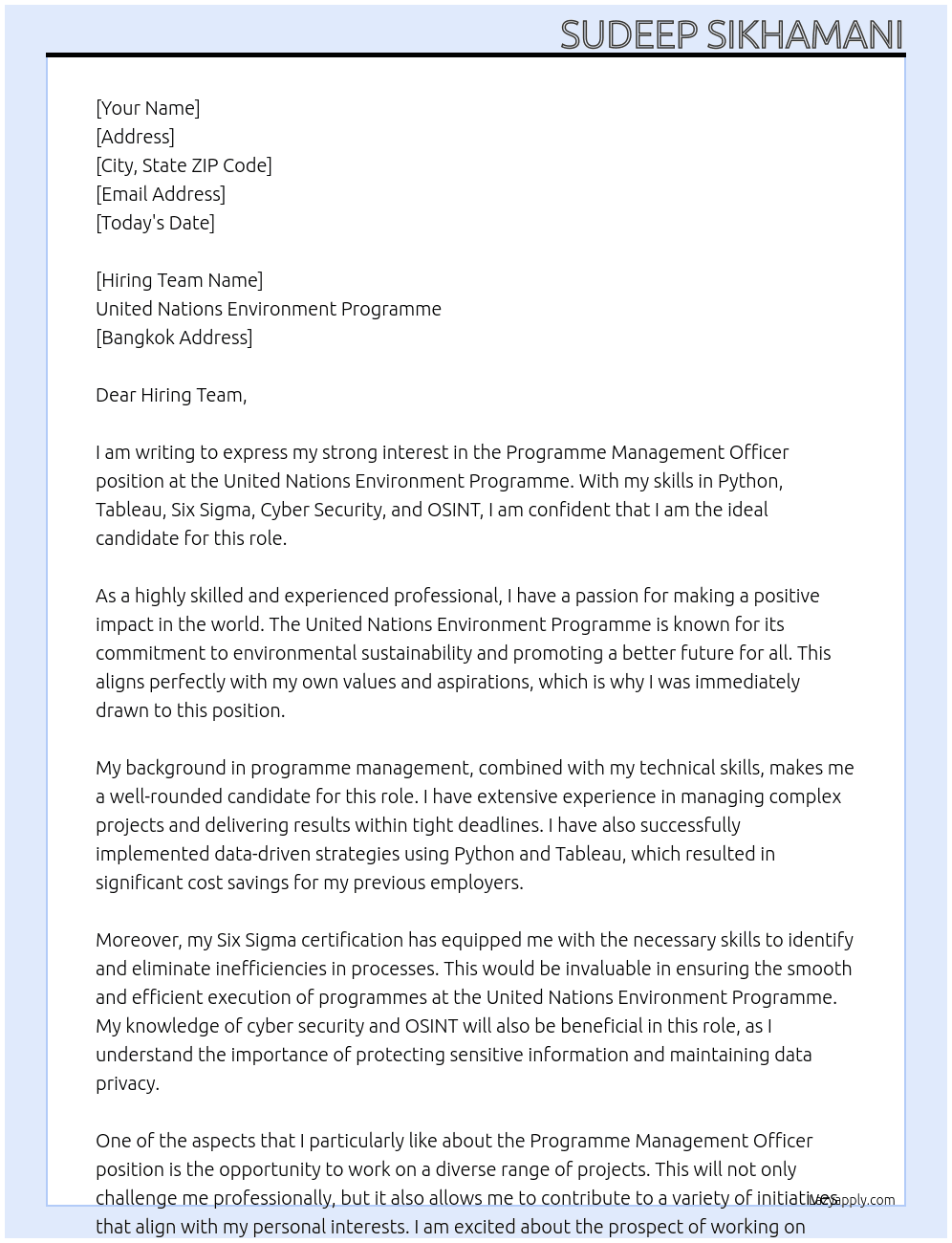 programme managment officer  At United Nations Environment Programme  Cover Letter
