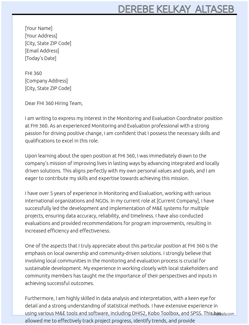 Monitoring and Evaluation CoordinatorDar  At FHI 360 Cover Letter