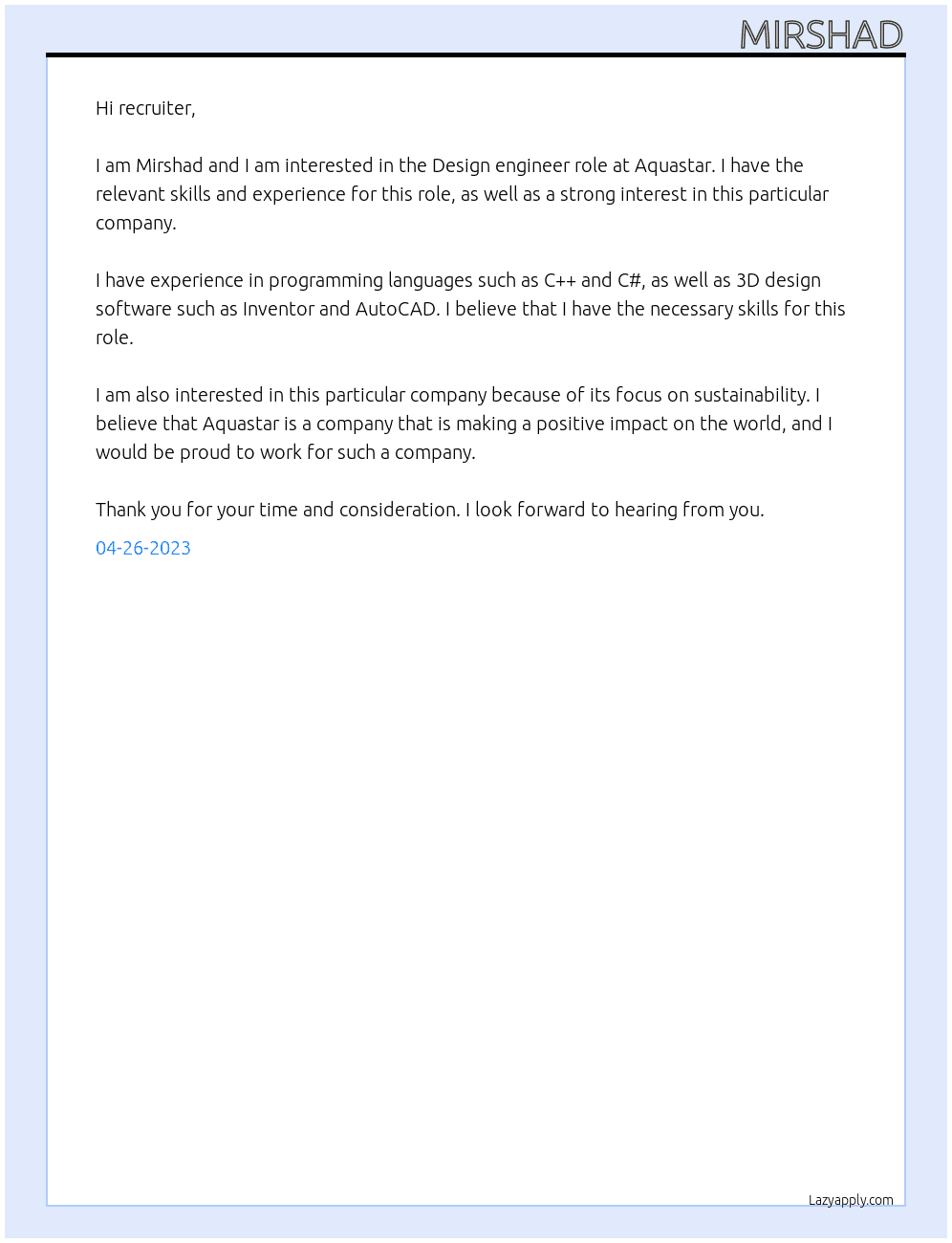 Design engineer At Aquastar Cover Letter