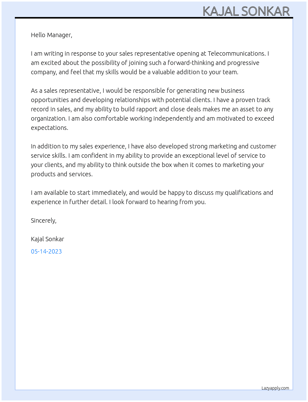 Sales representative  At Telecommunications  Cover Letter