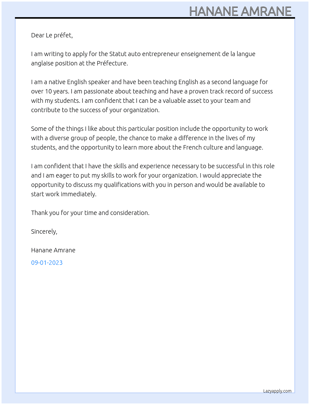 Statut auto entrepreneur enseignement de la langue anglaise  At Préfecture  Cover Letter