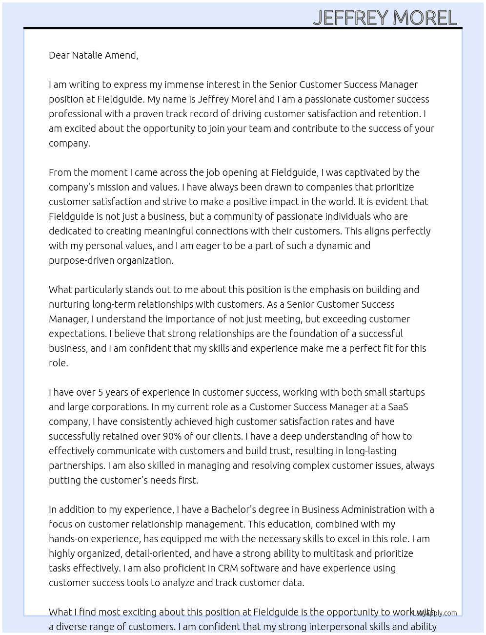 Senior Customer Success Manager At Fieldguide  Cover Letter