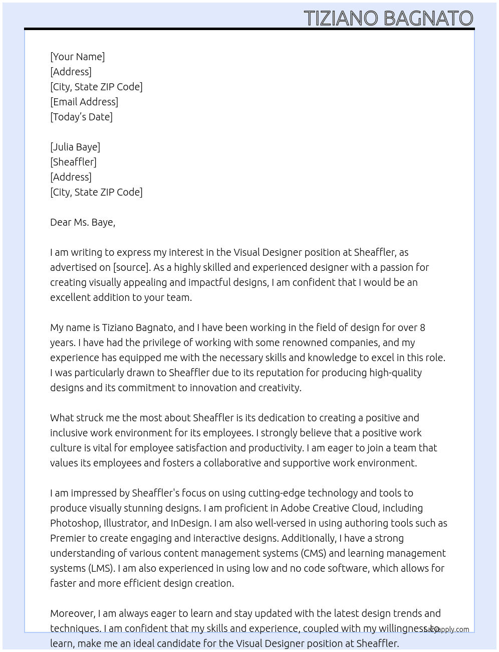 Visual designer At Sheaffler Cover Letter