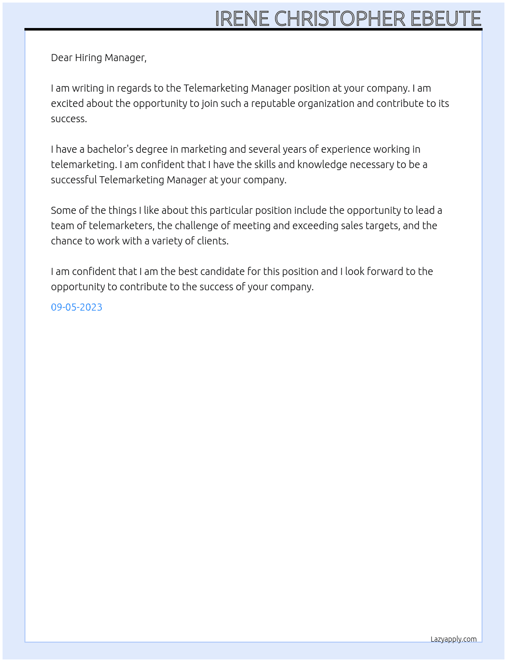 Telemarketing Manager  At your Company Cover Letter
