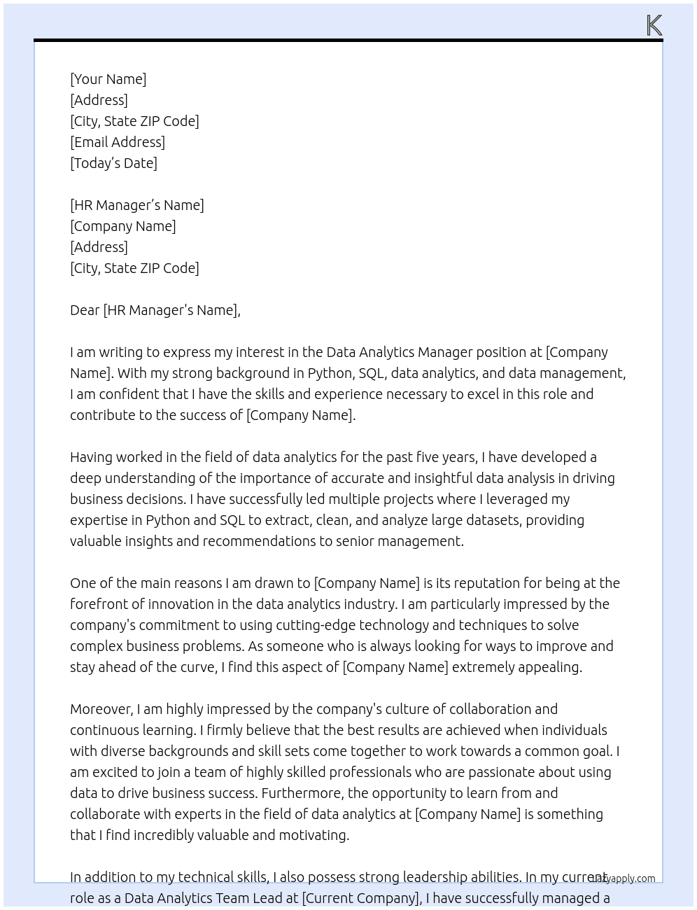 Data Analytics Manager At G Cover Letter
