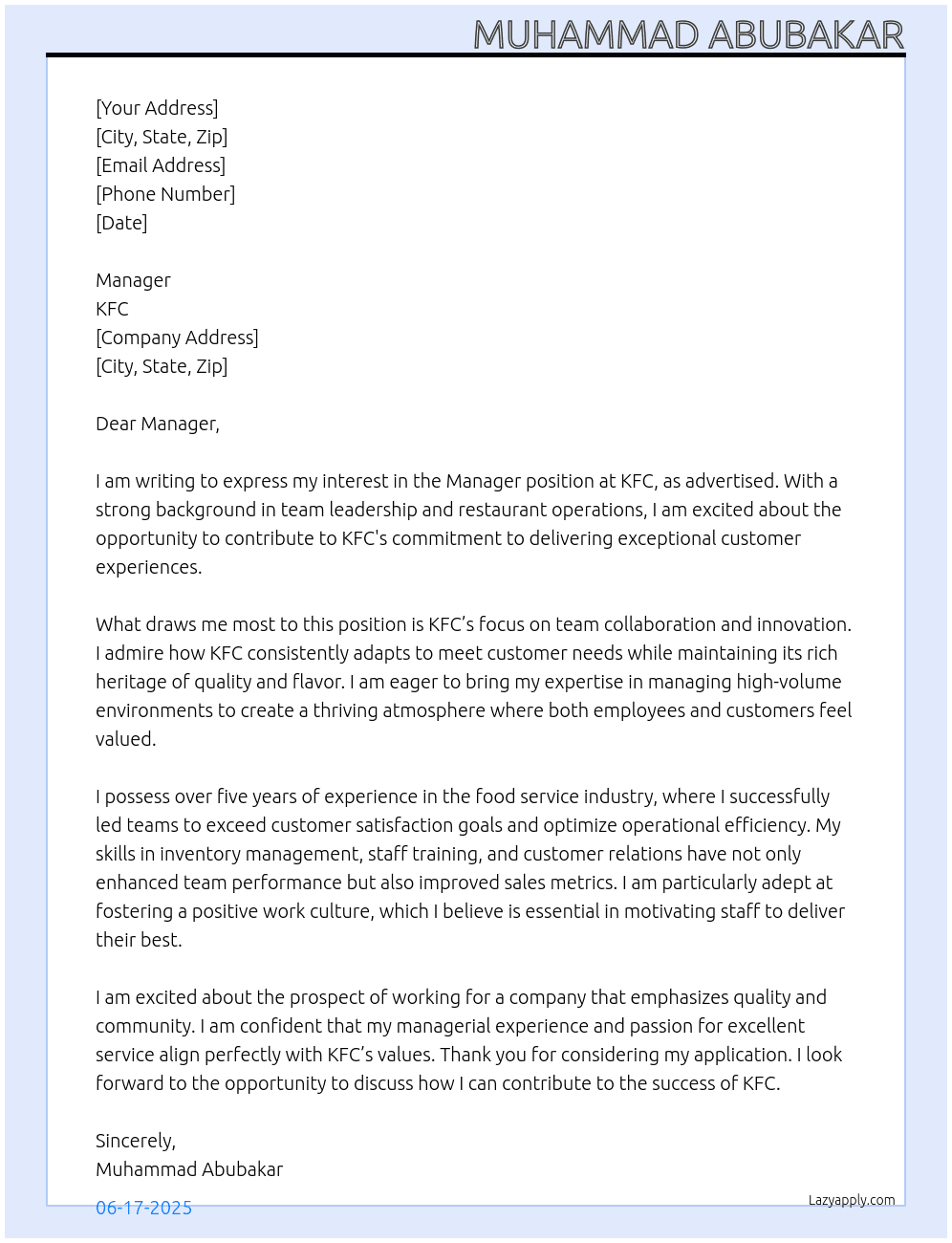 Manager At KFC Cover Letter