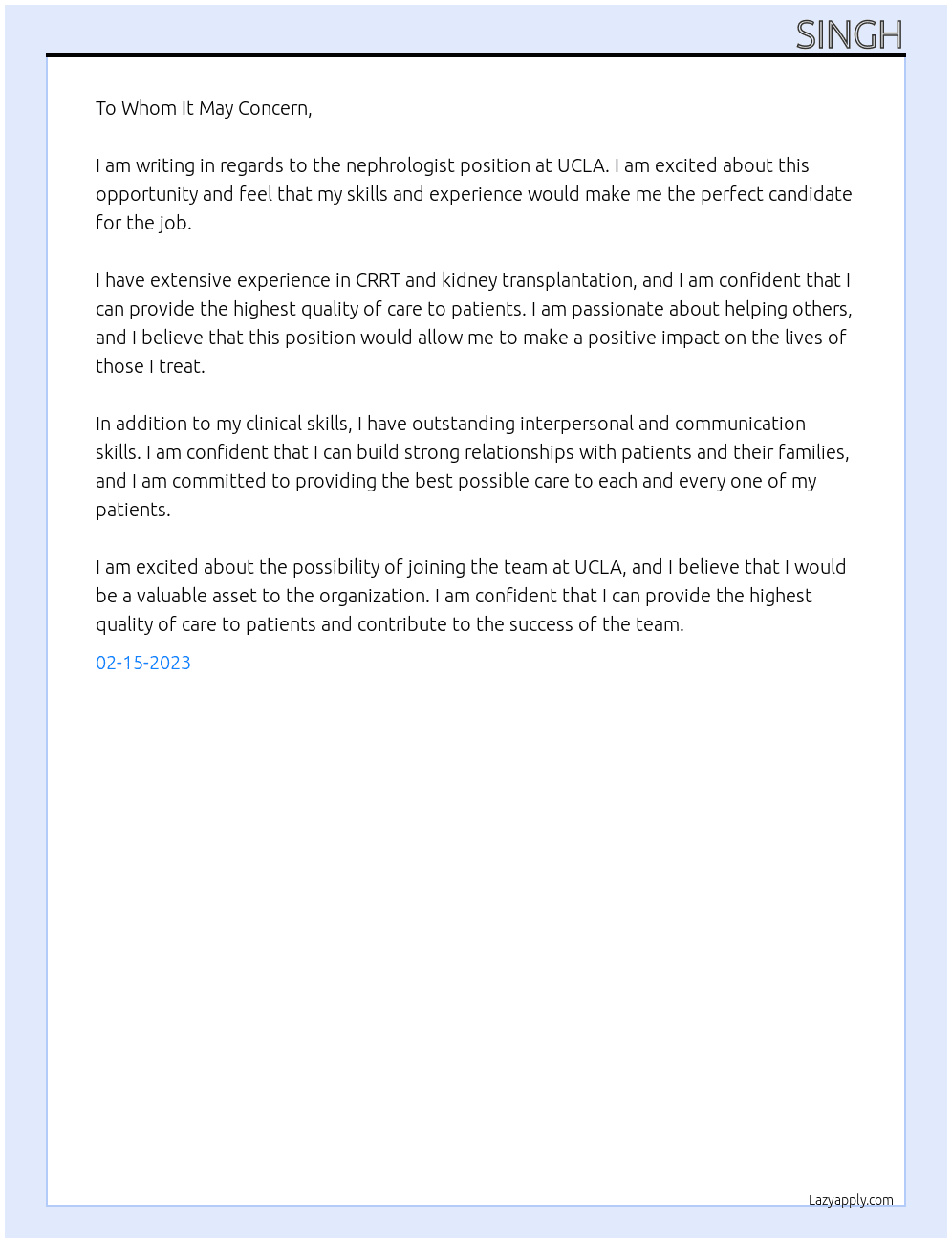 nephrologist At UCLA Cover Letter